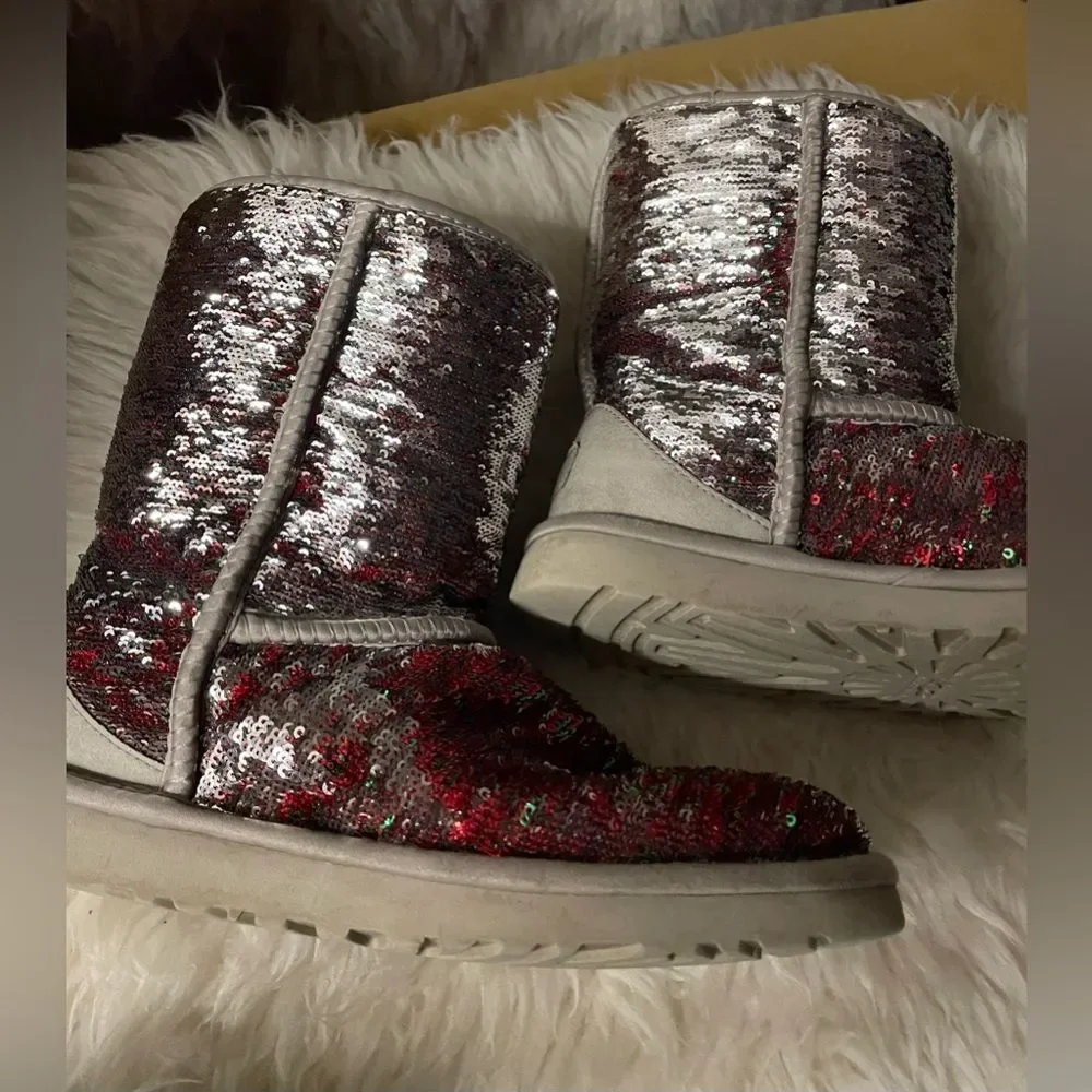 Ugg Reversible Sequin Winter Boot Red,Green,Silver Shearling Size 6